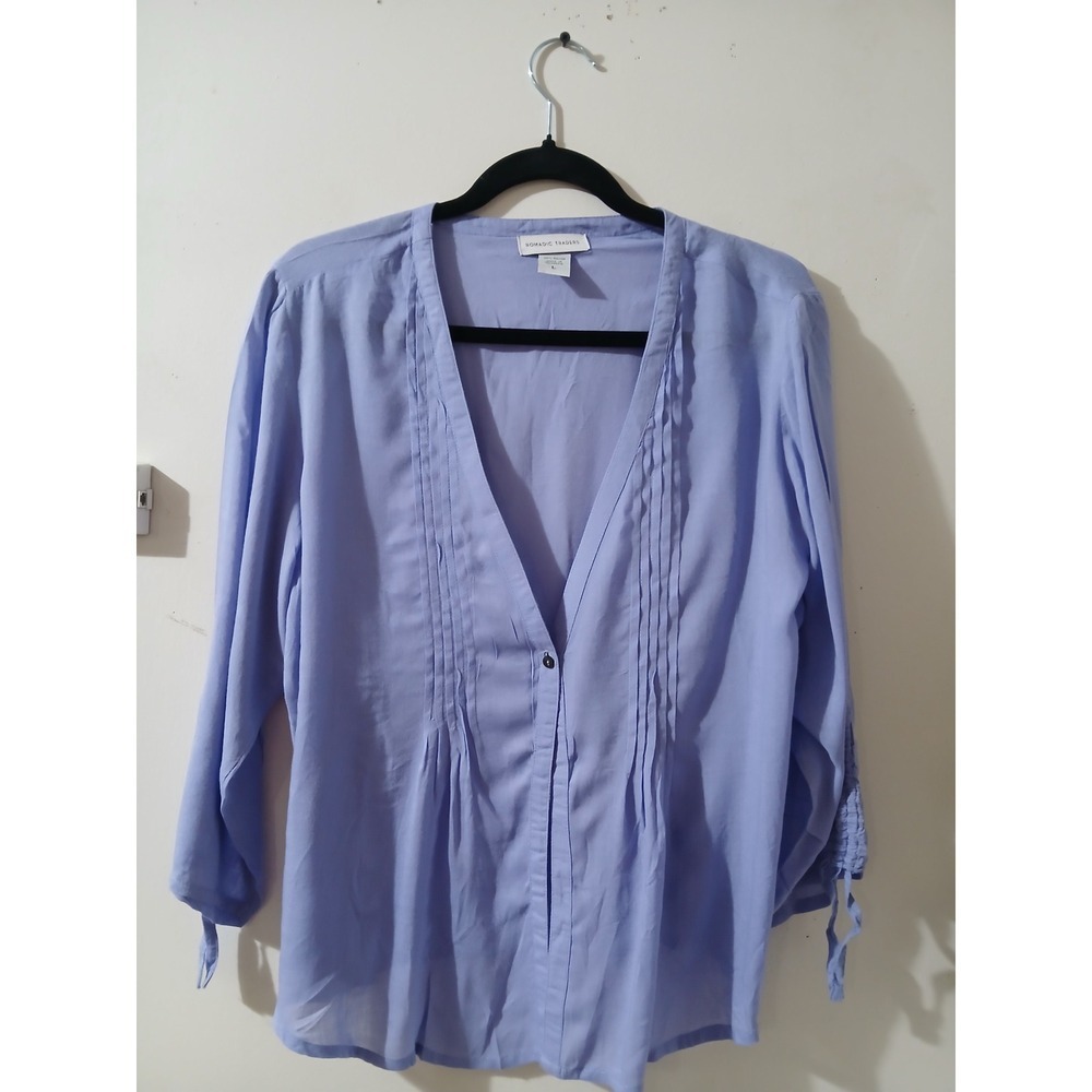 Nomadic Traders Periwinkle Blue Pintuck Pleated Tie Sleeve Rayon Blouse Large